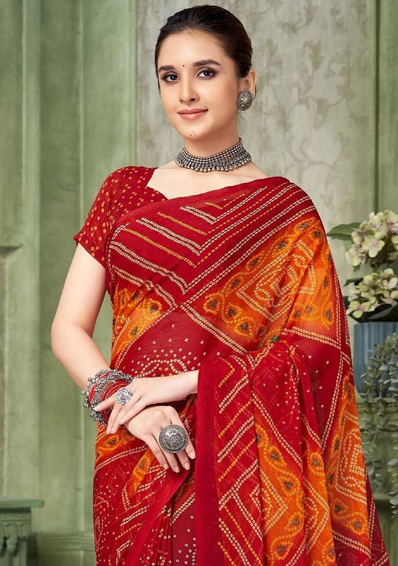 Maroon Bandhani Print Chiffon Saree Set - Indya