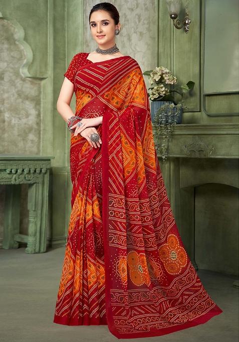 Maroon Bandhani Print Chiffon Saree Set