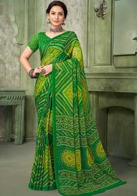 Green Bandhani Print Chiffon Saree Set