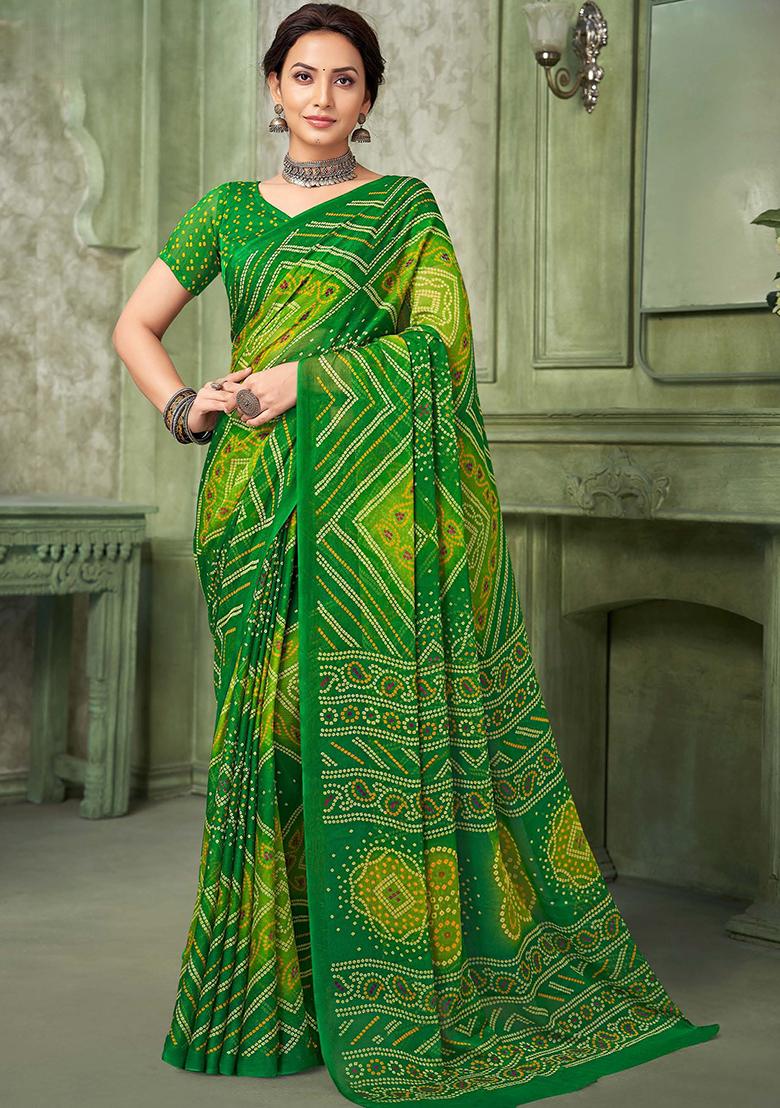 Green Bandhani Print Chiffon Saree Set