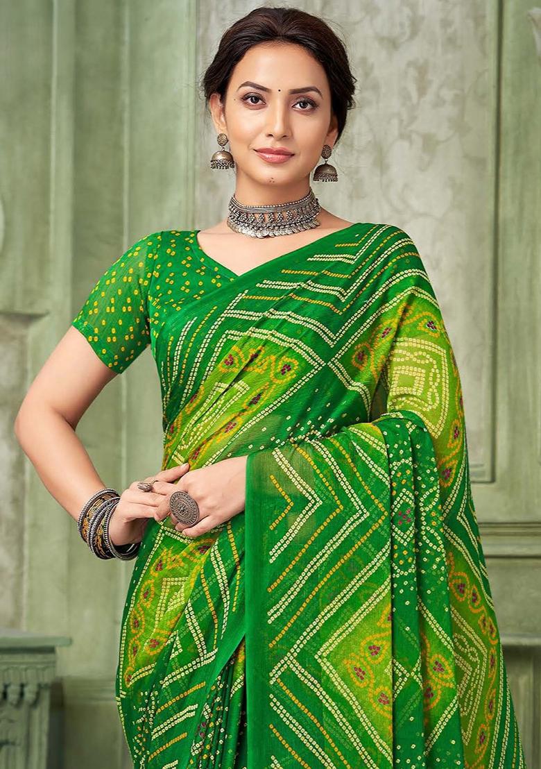 Green Bandhani Print Chiffon Saree Set
