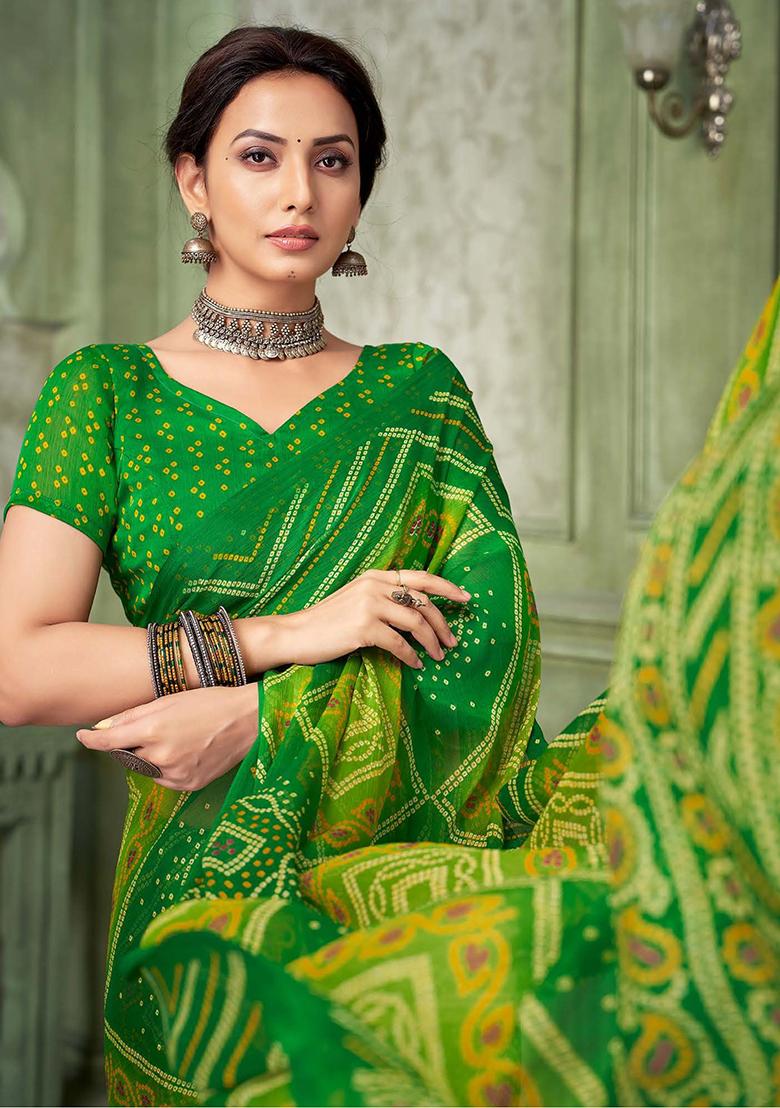 Green Bandhani Print Chiffon Saree Set