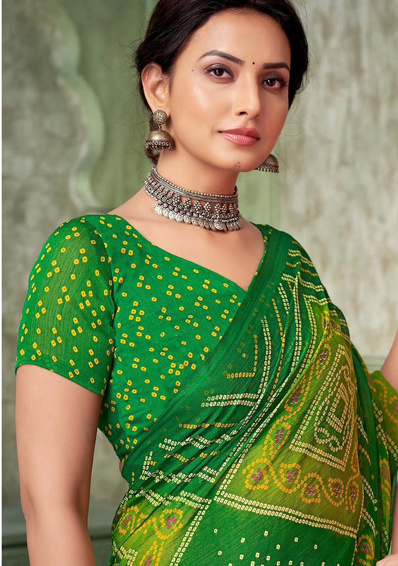 Green Bandhani Print Chiffon Saree Set
