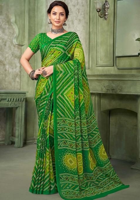 Green Bandhani Print Chiffon Saree Set