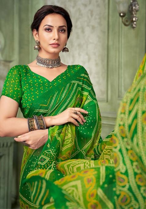 Green Bandhani Print Chiffon Saree Set