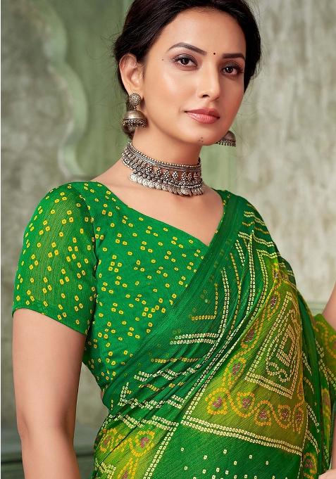 Green Bandhani Print Chiffon Saree Set