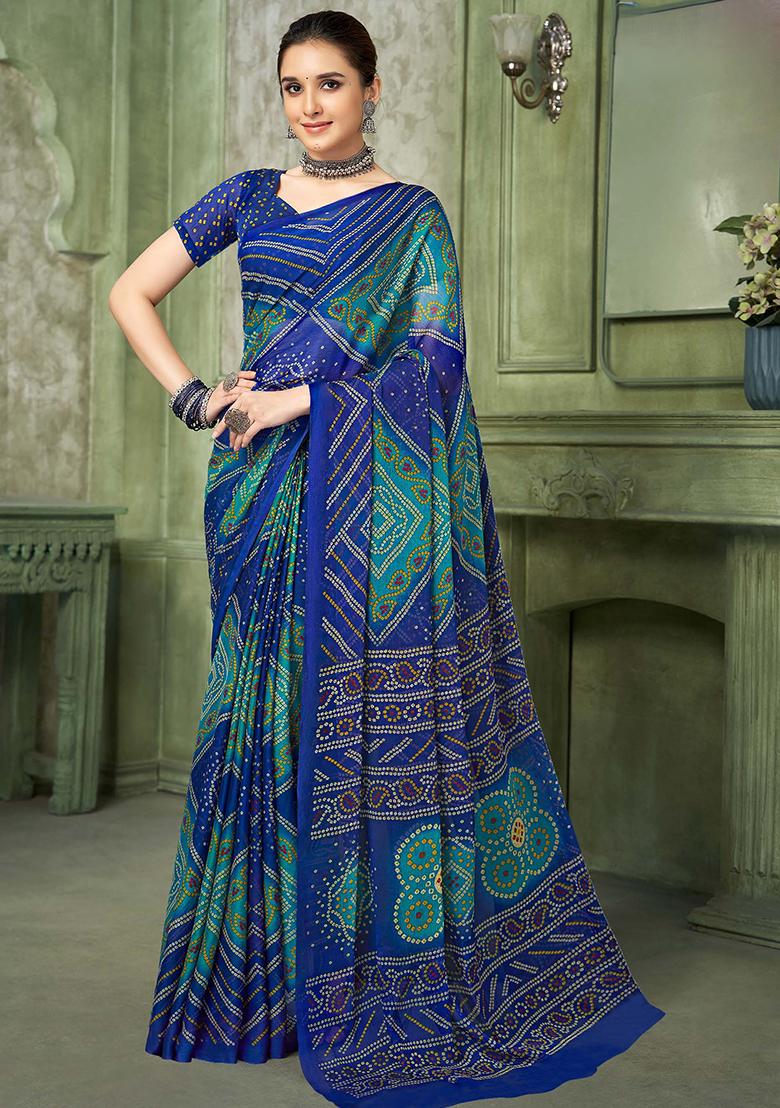 Blue Bandhani Print Chiffon Saree Set