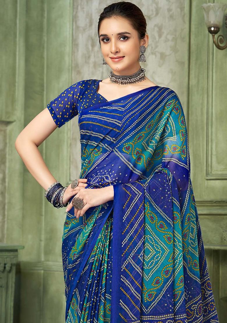 Blue Bandhani Print Chiffon Saree Set
