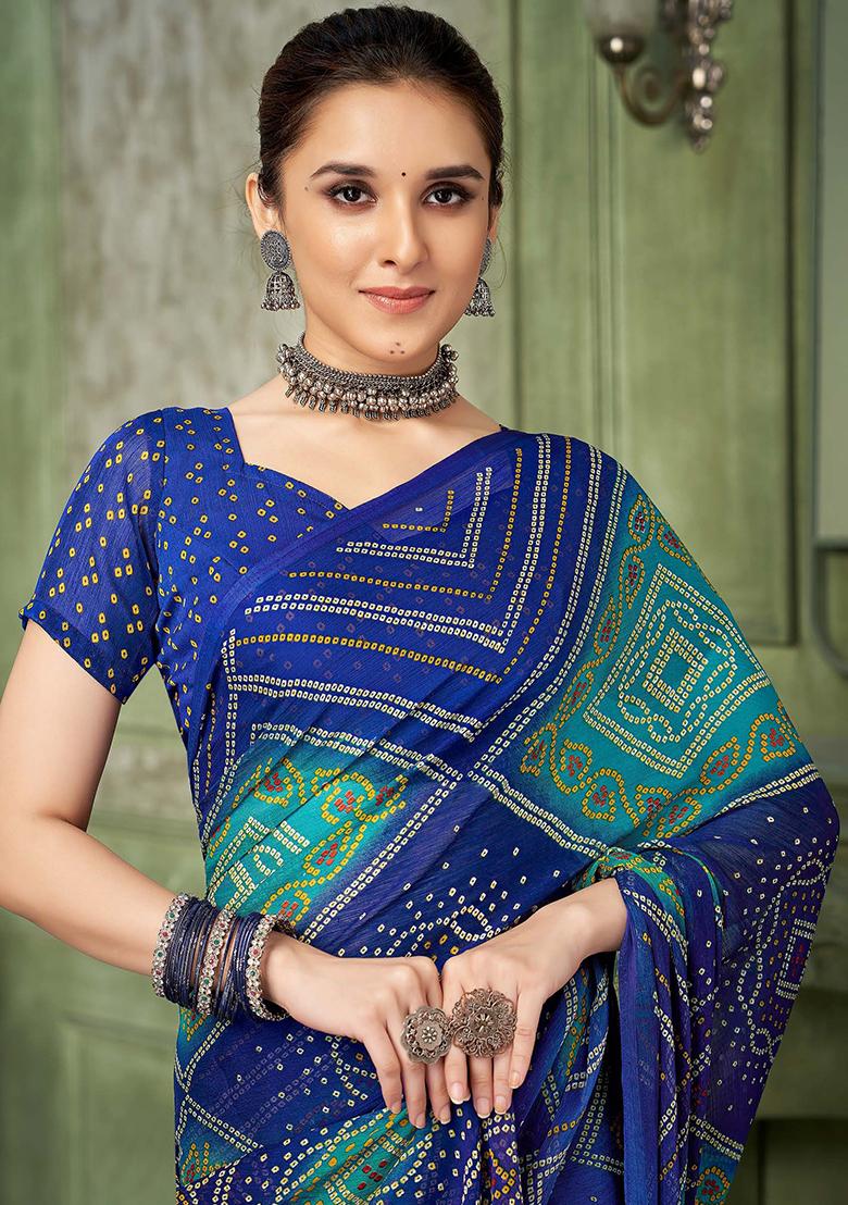 Blue Bandhani Print Chiffon Saree Set