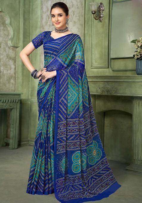 Blue Bandhani Print Chiffon Saree Set