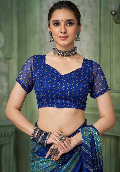 Blue Bandhani Print Chiffon Saree Set