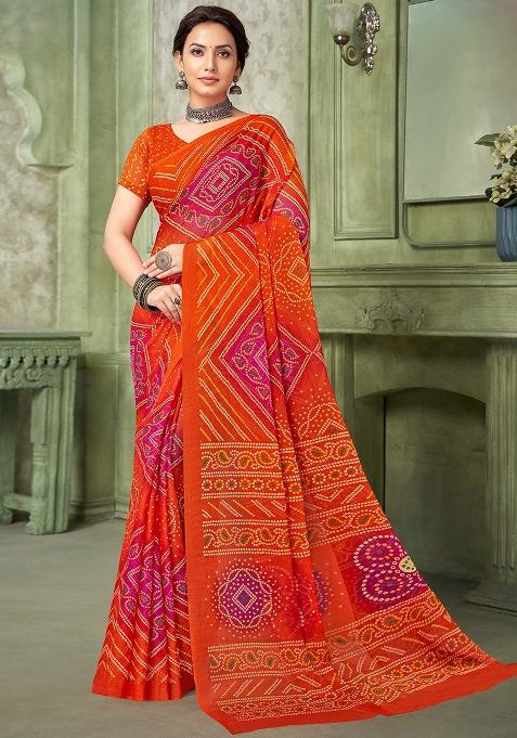 Orange Bandhani Print Chiffon Saree Set
