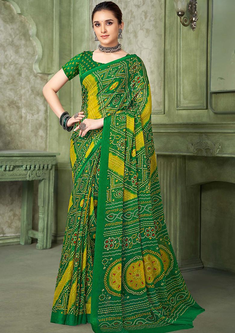 Green Bandhani Print Chiffon Saree Set