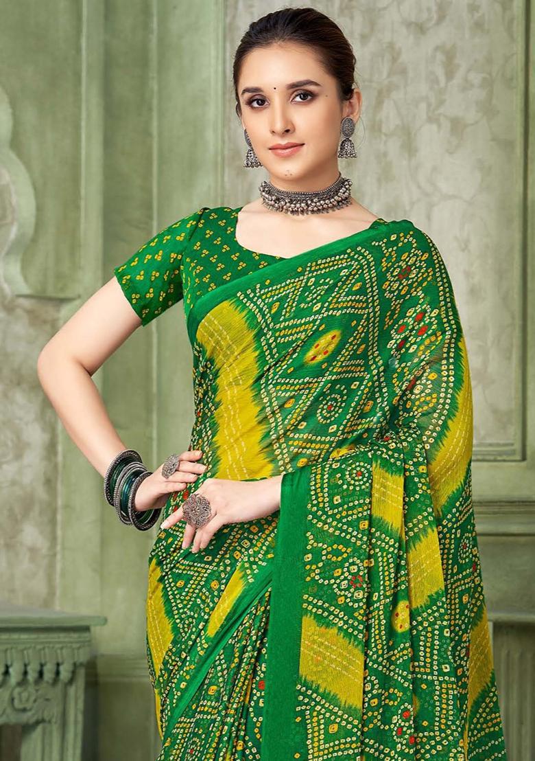 Green Bandhani Print Chiffon Saree Set