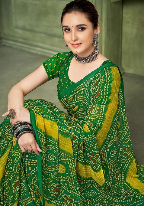 Green Bandhani Print Chiffon Saree Set