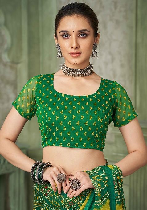 Green Bandhani Print Chiffon Saree Set