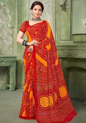 Red Bandhani Print Chiffon Saree Set