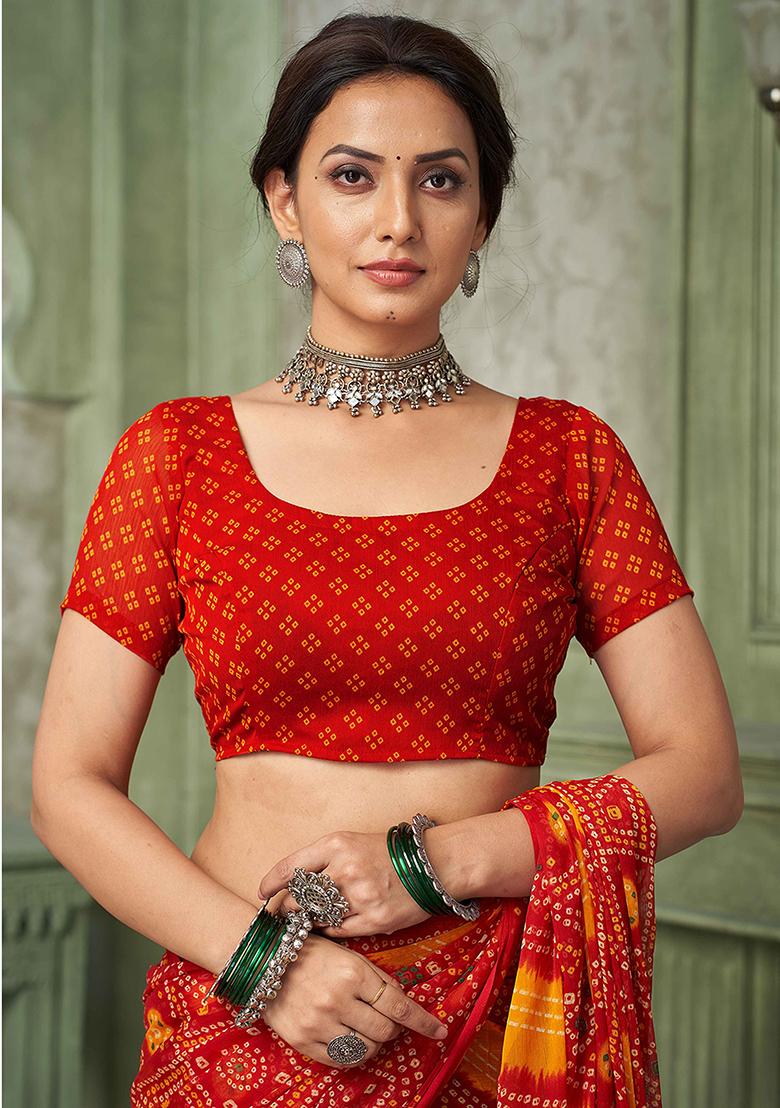 Red Bandhani Print Chiffon Saree Set