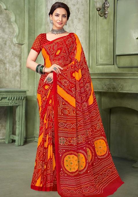 Red Bandhani Print Chiffon Saree Set