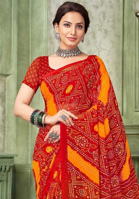 Red Bandhani Print Chiffon Saree Set