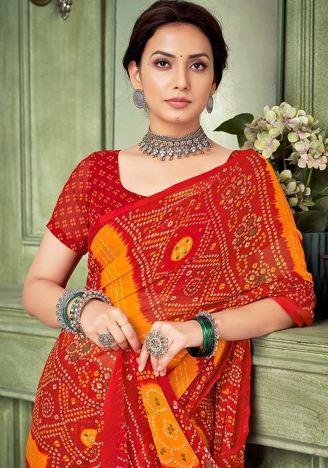 Red Bandhani Print Chiffon Saree Set