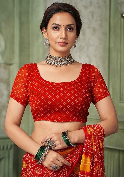 Red Bandhani Print Chiffon Saree Set