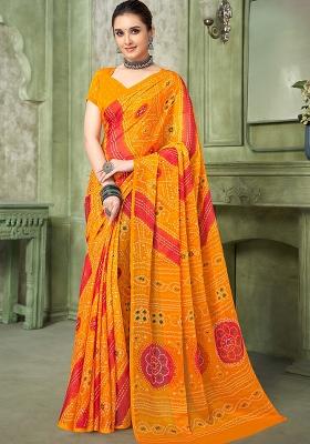 Yellow Bandhani Print Chiffon Saree Set