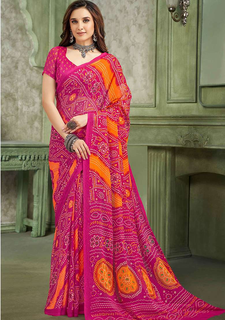 Pink Chiffon Saree Set with Bandhani Print for Diwali | Wedding & Festive Wear - Indya