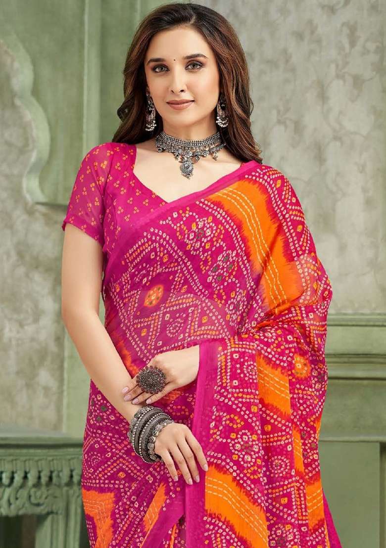 Pink Chiffon Saree Set with Bandhani Print for Diwali | Wedding & Festive Wear - Indya