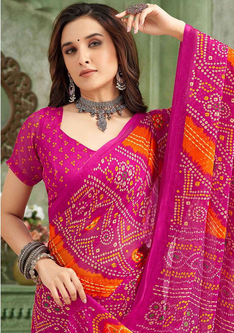 Pink Chiffon Saree Set with Bandhani Print for Diwali | Wedding & Festive Wear - Indya