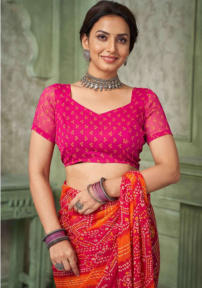 Pink Chiffon Saree Set with Bandhani Print for Diwali | Wedding & Festive Wear - Indya