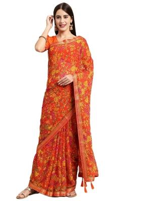 Orange Printed Chiffon Saree Set
