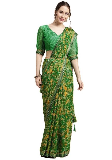 Green Printed Chiffon Saree Set