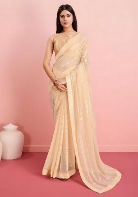 Cream Sequin Work Georgette Saree Set