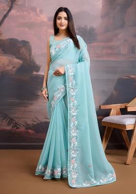 Sky Blue Sequin Embroidered Silk Saree Set