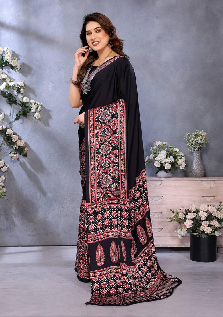 Black Printed Silk Saree Set