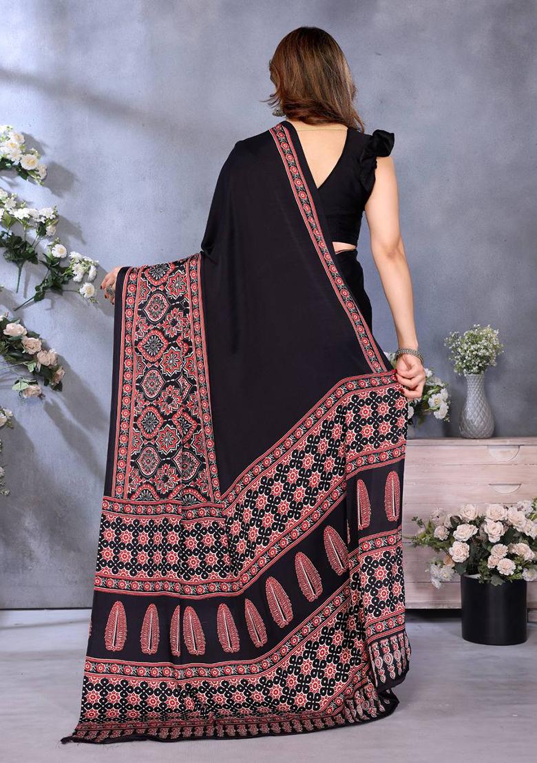 Black Printed Silk Saree Set