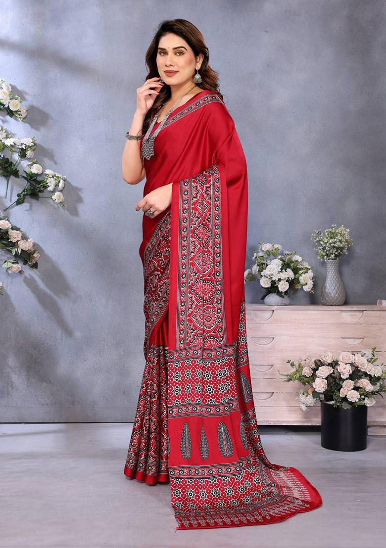Red Printed Silk Saree Set