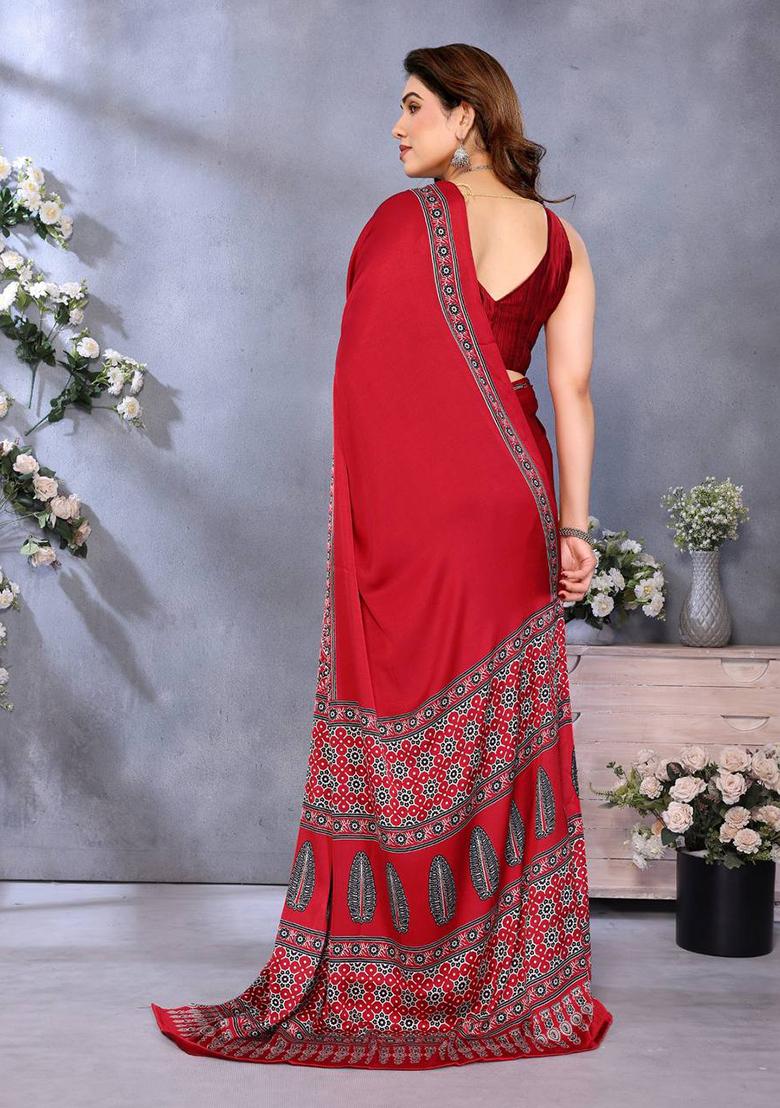 Red Printed Silk Saree Set