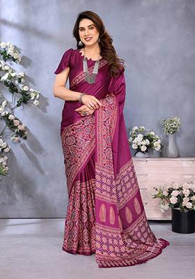 Pink Printed Silk Saree Set