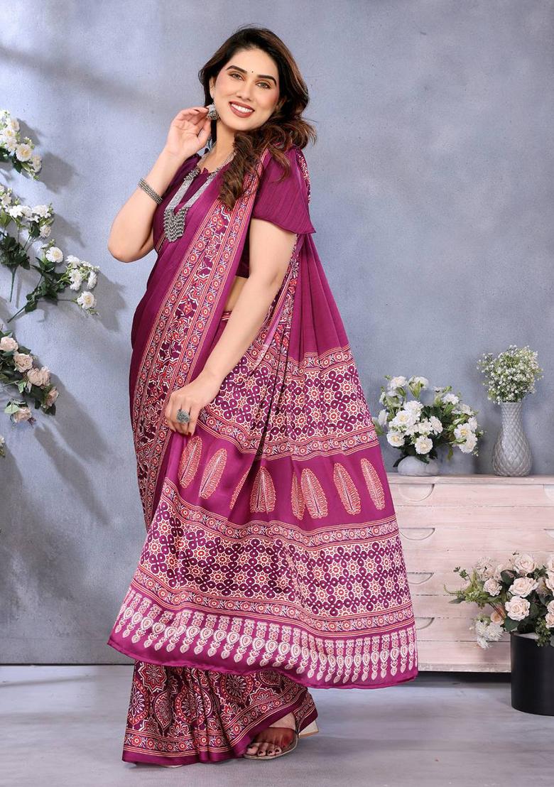 Pink Printed Silk Saree Set
