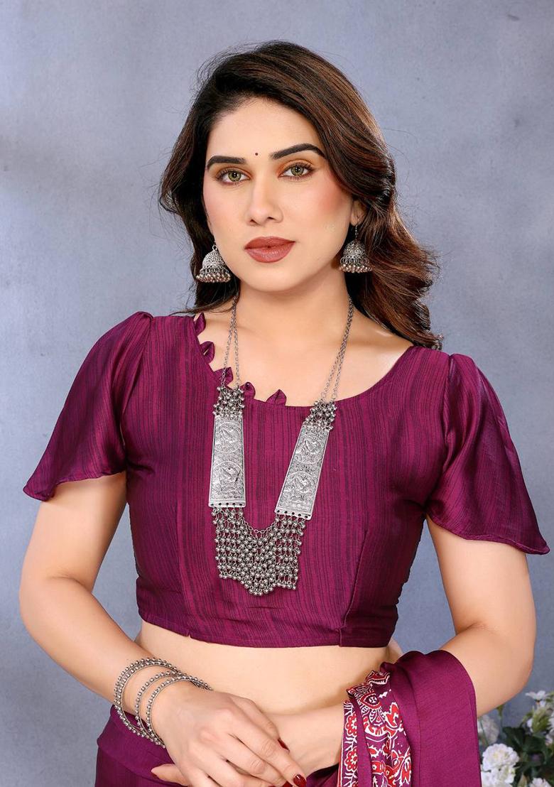 Pink Printed Silk Saree Set