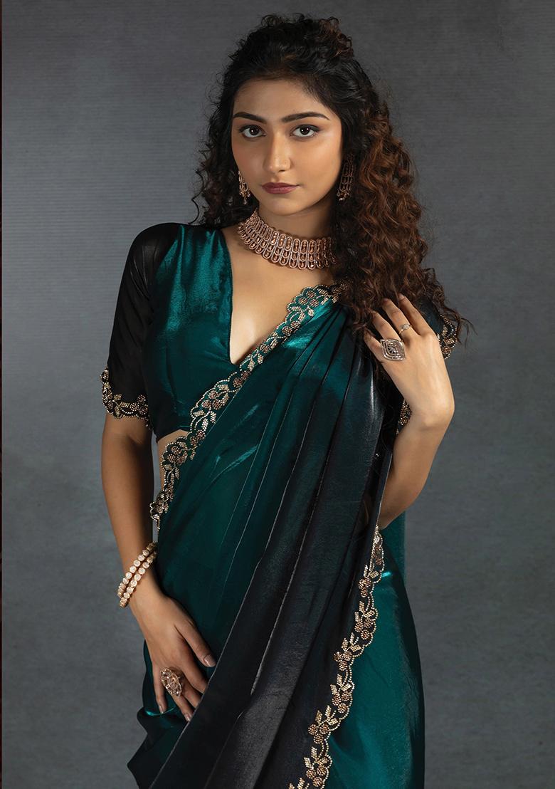 Teal Blue  Plain Silk Saree Set
