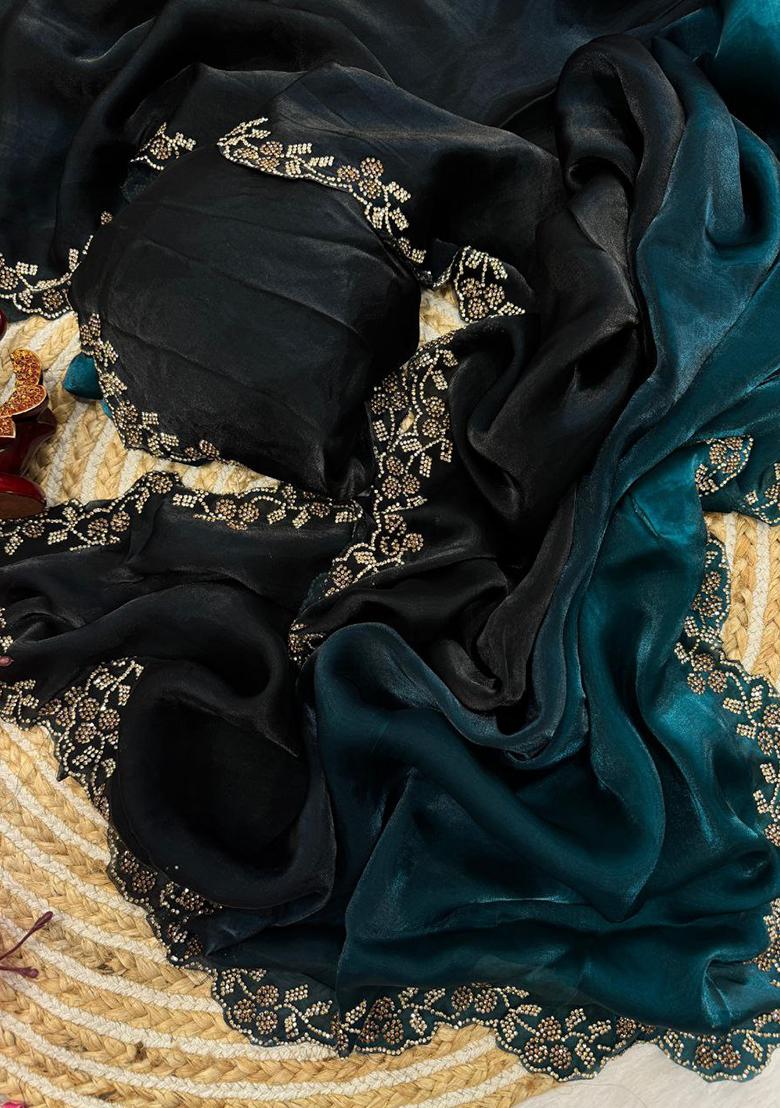 Teal Blue  Plain Silk Saree Set