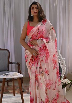 Cream Printed Silk Saree Set