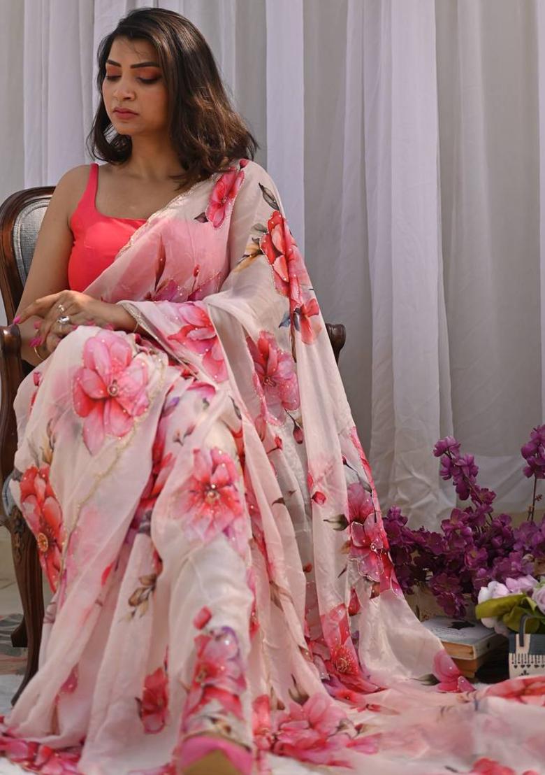 Cream Printed Silk Saree Set