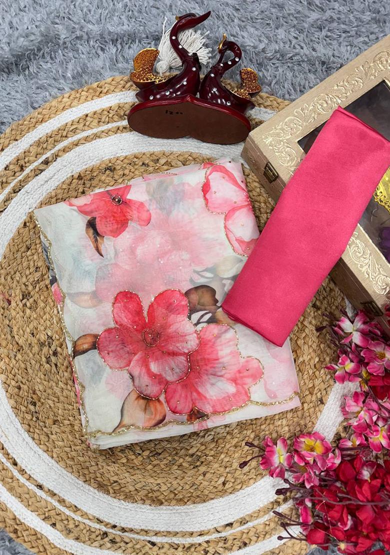 Cream Printed Silk Saree Set