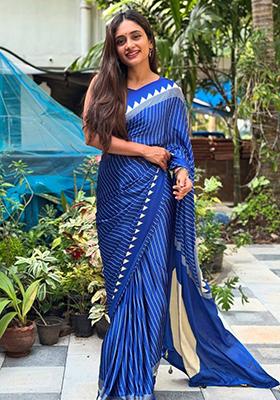 Blue Printed Silk Saree Set