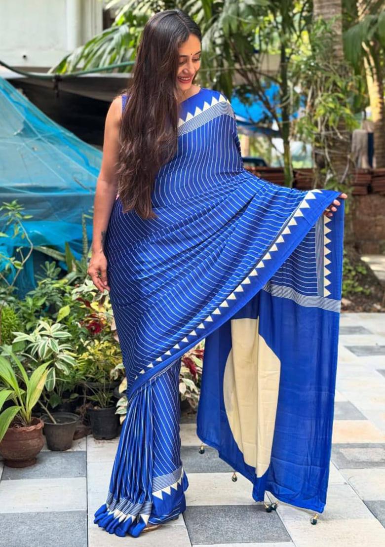 Blue Printed Silk Saree Set