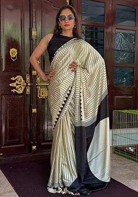 Cream Printed Silk Saree Set